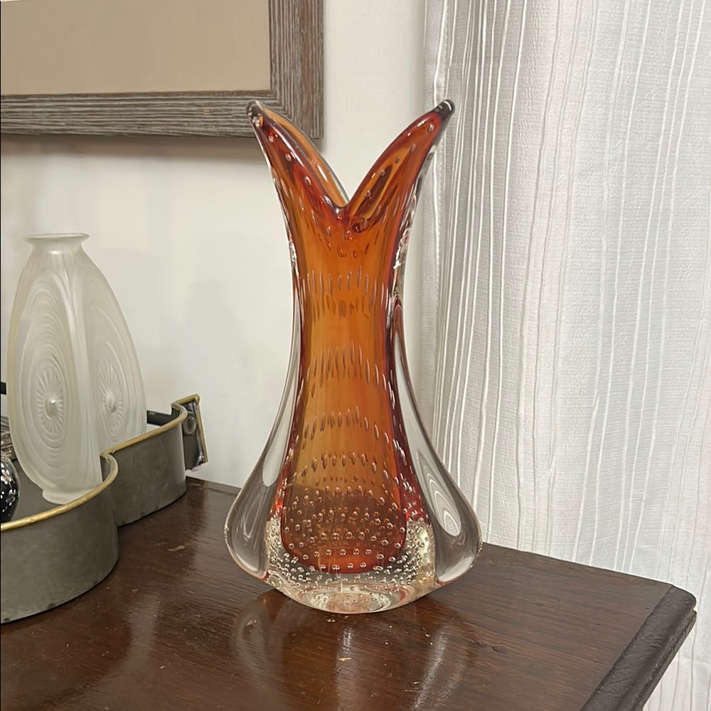 Murano Glass Orange Controlled Bubble Art Vase /Vintage